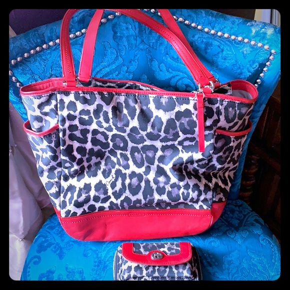 Coach Handbags - Leopard print/red Coach bag w/ wristlet